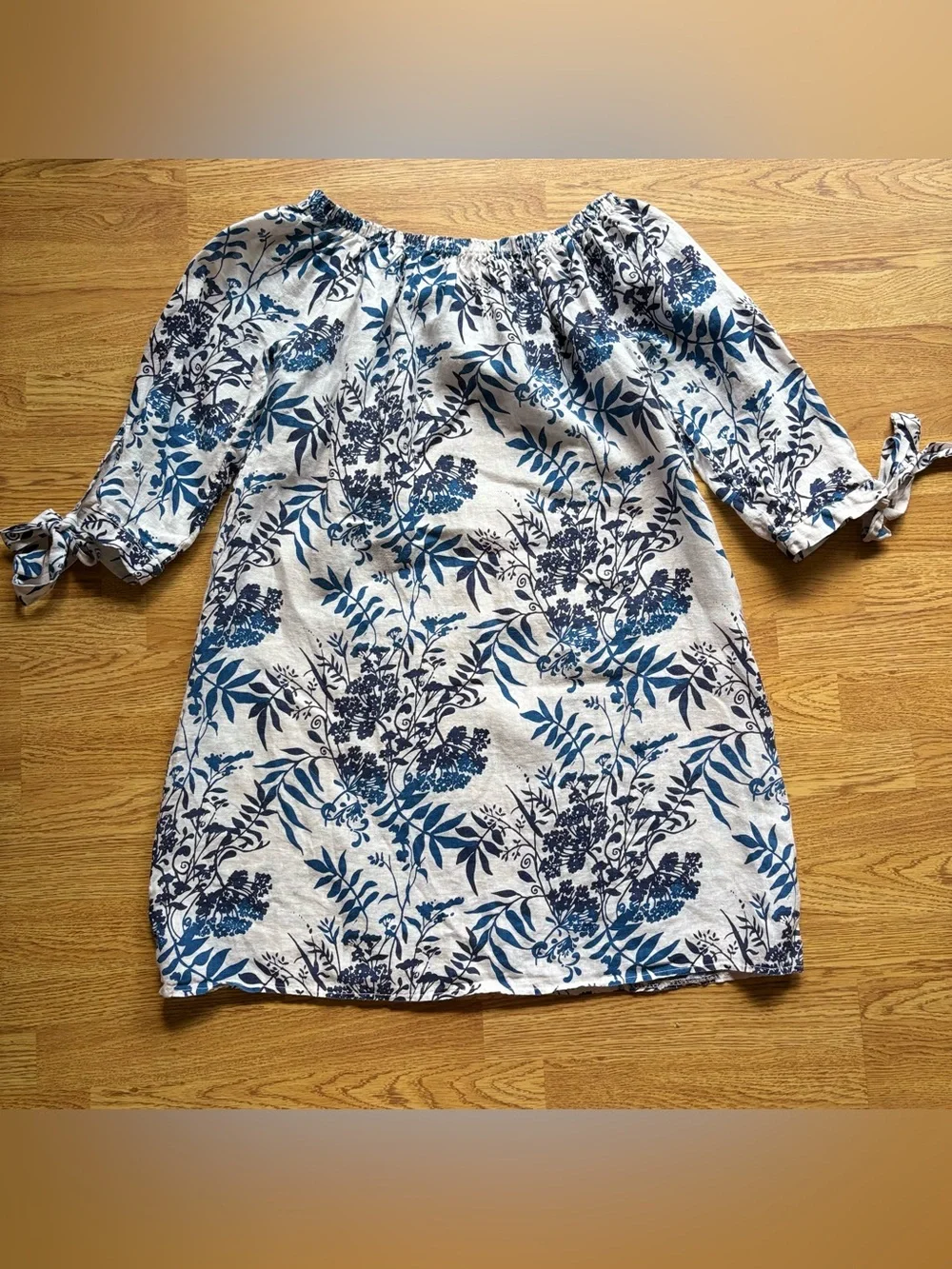 Valentina Naldi Blue White Floral Off-Shoulder Shift Dress Ties Linen Coastal L